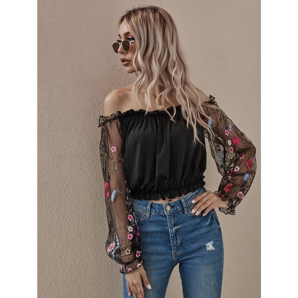 off the shoulder long sleeve sheer Flower Mesh Embroidered Sleeve black Top - Picture 5 of 7